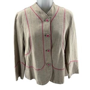 Sigred Olsen Beige Linen Cotton Blend Blazer Pink Piping Floral Lining Size 8